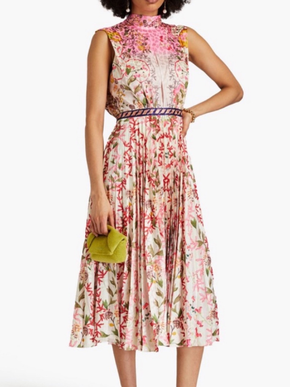 SALONI Fleur Pleated Satin Jacquard Midi Dress